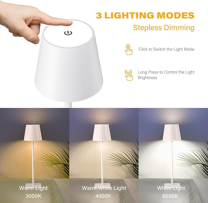 CHLORANTHUS 2 Pack Cordless Table Lamps, 3 Colors Stepless Dimming, 5000mAh Rechargeable Battery LED Desk Lamp for Bedroom/Couple Dinner/Desk/Cafe/Dining Room/Terrace