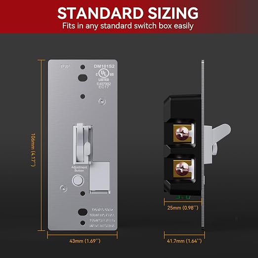 AIDA Toggle Slide Dimmer Switch for Dimmable LED Light/CFL/Incandescent 600 Watt max, Single-Pole or 3-Way, Rocker On/Off Wall Switch with Dimmer Slider, Wall Plate NOT Included, UL, White, 1 Pack