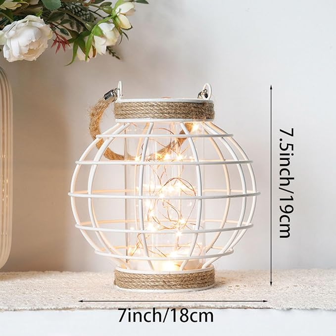 JHY DESIGN Metal Cage LED Lantern Battery Powered,7.3" Tall Cordless Accent Light with 20pcs Fairy Lights.Great for Weddings, Parties, Patio, Events for Indoors/Outdoors(White)