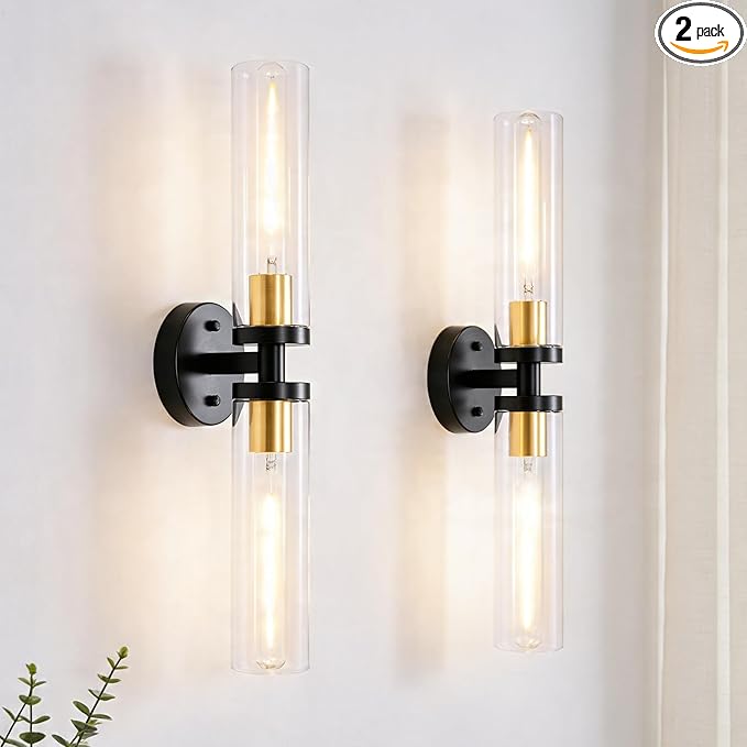 Black and Gold Wall Sconces Set of 2, Hardwired Bathroom Light Fixtures, Modern Bathroom Vanity Wall Lighting with Clear Glass Shade, Farmhouse Wall Sconce for Mirror Bedroom Hallway, E26 Base