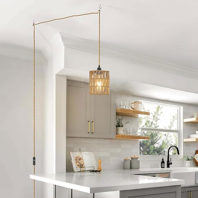 Boho Plug in Pendant Light, Hanging Light with Plug in Cord, Ceiling Lamp Rattan Cylinder Lamp Shade On-Off Switch, Hanging Plant Shelf Shelves Bohemian Decor for Bedroom Living Room Corner