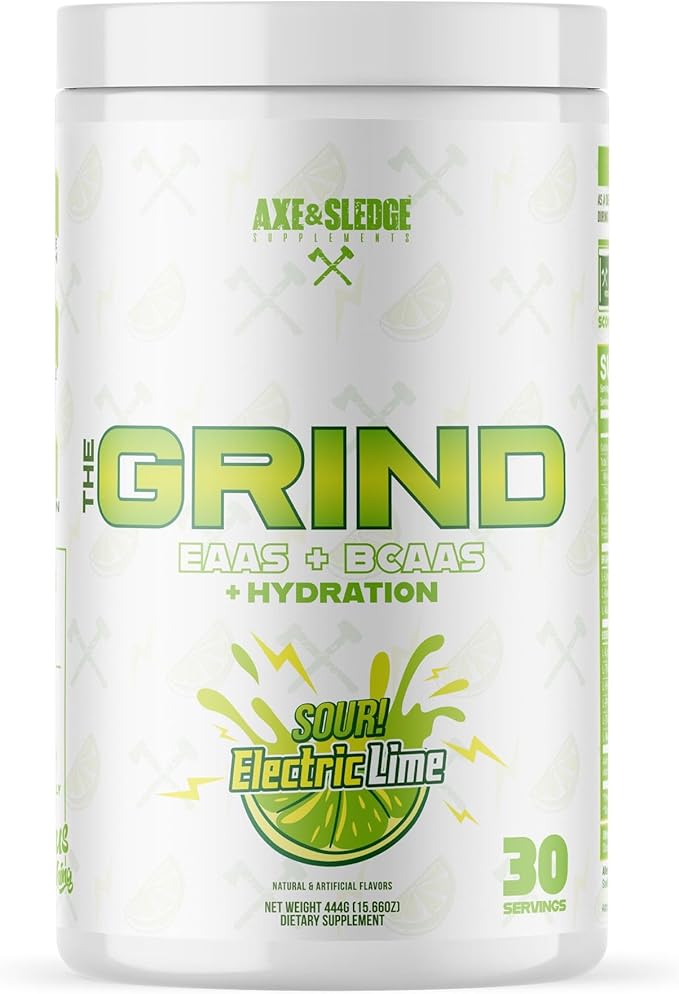 Axe & Sledge The Grind Essential Amino Acids |EAA & BCAA Powder |Muscle Recovery & Electrolytes for Hydration | Stimulant-Free, Vegan | 30 Servings, Sour Electric Lime