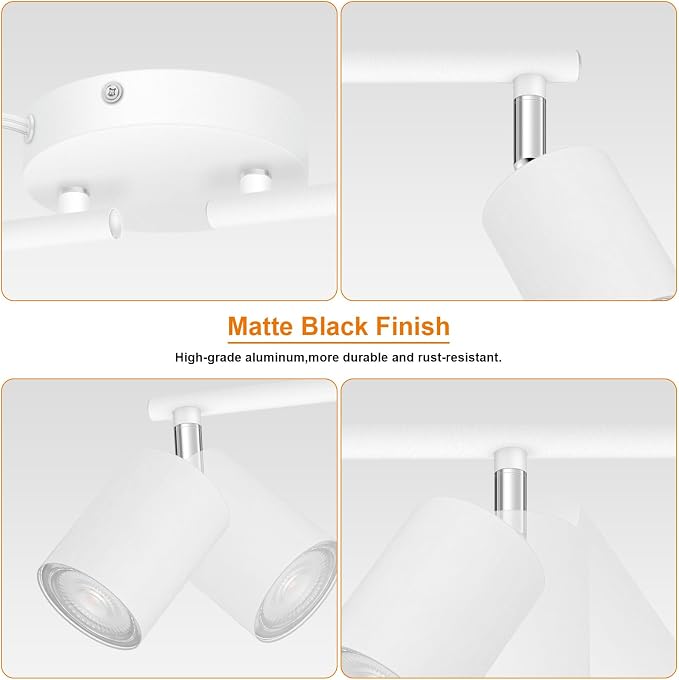 Plug in Track Lighting LED, Track Lighting Fixtures Ceiling, White 6-Light Kitchen Light Kit, Plug in Wall Light with 14.8ft Power Cord, Rotatable Ceiling Spotlight for Bedroom(GU10 Socket, NO Bulb)
