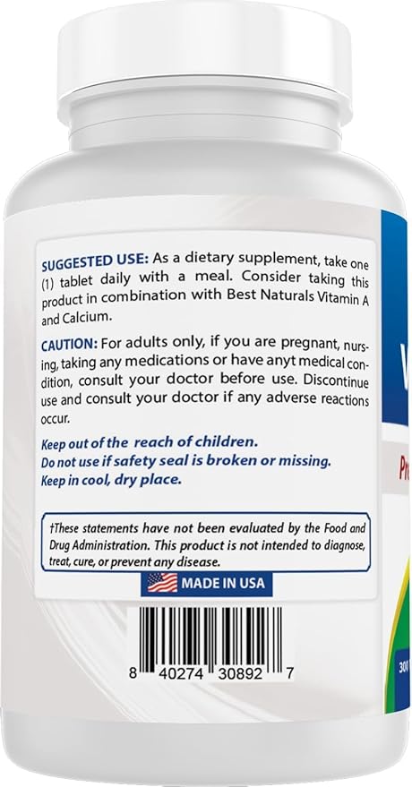 Best Naturals Vitamine D3 1000 UI – 300 Comprimés – Fabriqué aux États-Unis, Sans OGM, Sans Gluten, Sans Colorant, Arôme ou Conservateur Artificiel – Complément Alimentaire