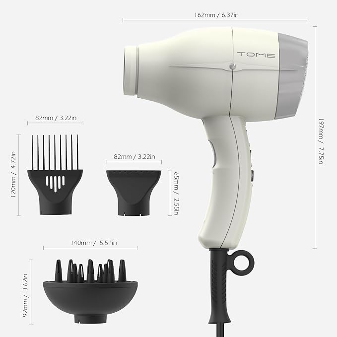 TOME Hair Dryer with Diffuser, 1875W Ionic Blow Dryer with Comb Attachment and Concentrator for Home Use, Fast Drying with Cool Shot and 2 Heat & 2 Speed Settings, 125V, White
