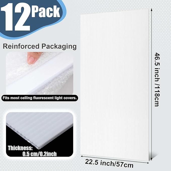 Pushglossy 12 Pack 22.5" x 46.5" x 0.2" Fluorescent Light Covers Classroom Office Diffuser Panels Cuttable for 2x4ft Drop Ceiling Light Polycarbonate Replacement Cover for Hospitals Home (Milky White)