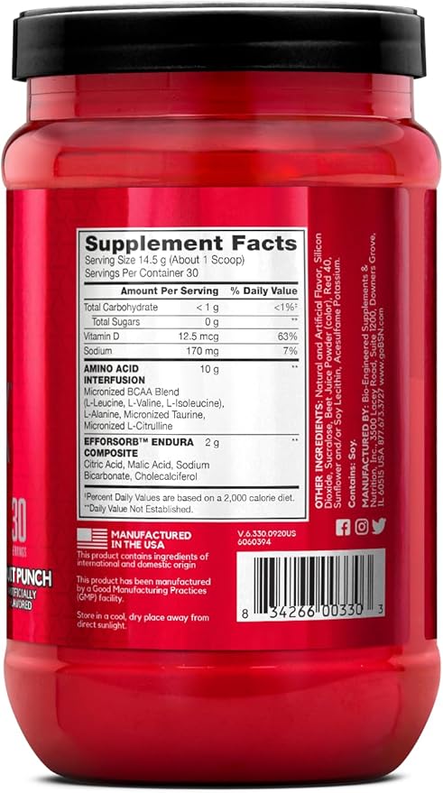 BSN Amino X Muscle Recovery & Endurance Powder, BCAAs, 10 Grams of Amino Acids, Keto Friendly, Caffeine-Free, Support Endurance, Zero Sugar, Fruit Punch, 30 servings, 15.34 Ounce (Packaging May Vary)