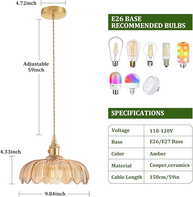 Shenmoyl Pendant Light with Amber Scindapsus Glass Lmapshade, Brass Vintage Pendant Light Adjustable Hanging Light for Kitchen Island Dining Room Hallway
