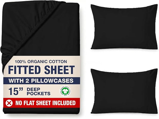 LANE LINEN Fitted Sheet King Size, 100% Organic Cotton, 3-Piece Set (1 Fitted Sheet,2 Pillowcases), Percale Weave, Ultra Soft, Breathable,Fits Mattress Upto 15" Deep - Black (No Flat Sheet)