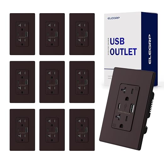 ELEGRP USB Charger Wall Outlet, USB Receptacle with USB A & USB C Ports, 20 Amp Duplex Tamper Resistant Receptacle Plug NEMA 5-20R, Wall Plate Included, UL Listed, 10 Pack, Matte Brown