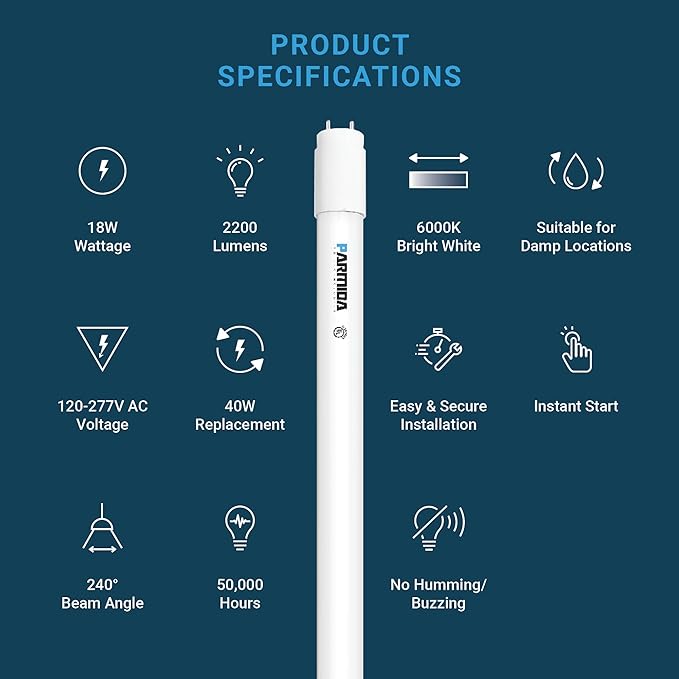 PARMIDA 20-Pack 4FT LED T8 Hybrid Type A+B Light Tube, 18W, Plug & Play or Ballast Bypass, Single-Ended OR Double-Ended Connection, 2200lm, Frosted Cover, T8 T10 T12, UL - 6000K