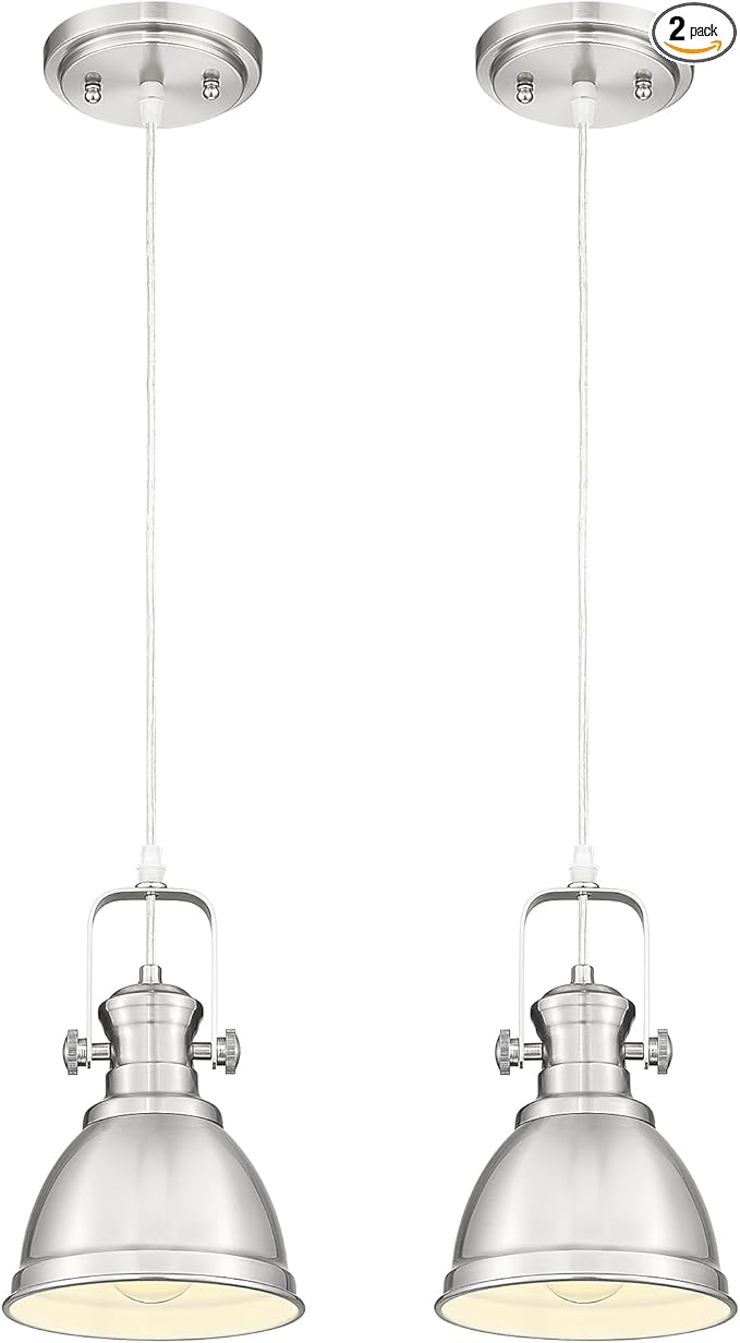 2 Pack Pendant Lights Kitchen Island, Farmhouse Hanging Lights Fixtures with Metal Shade, Rustic Kitchen Pendant Lighting Over Island for Dining Room, Brushed Nickel, AD-2151-1P2-SN