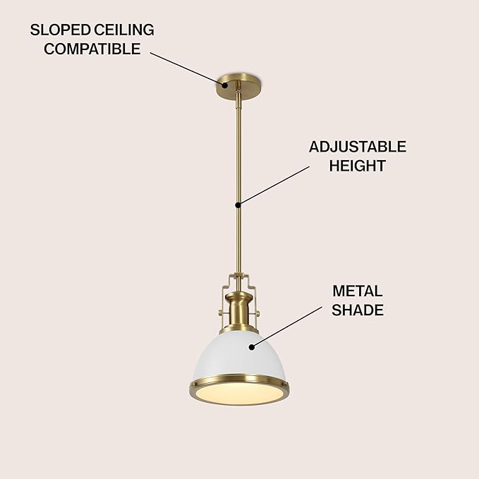 JONATHAN Y 10" Brass Gold/White Modern Industrial Iron LED Dome Pendant Light, Adjustable Hanging Fixture for Kitchen Island or Entryway, White Metal Shade, LED Bulb Included (JYL9535D)