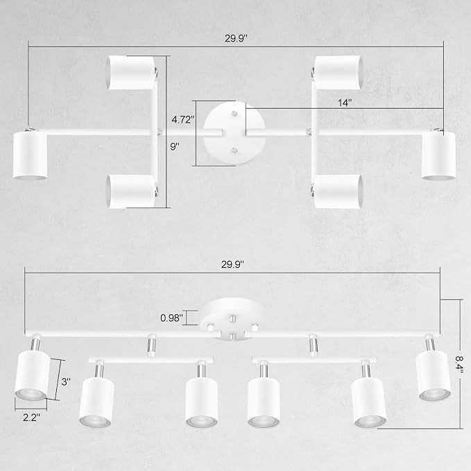 BoostArea 6 Light Track Lighting Kit, White 6 Way Ceiling Spot Lighting, Center Swivel Track Light Heads, Flexibly Rotatable Light Head for Kitchen, Living Room, Bedroom, GU10 Bulb Not Included
