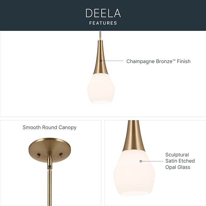Kichler Deela Single Pendant Light Fixture for Kitchen Island with Satin Etched Cased Opal Glass in Champagne Bronze, Modern Hanging Lamp (7" x 17"), 52529CPZ