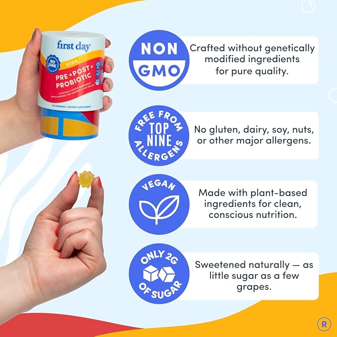 Gummies Probiotiques Enfants FIRST DAY - Probiotiques 3-en-1 pour enfants + Prébiotiques et Postbiotiques - Prébiotiques et Probiotiques pour la Santé Digestive et le Soutien Immunitaire – Végétalien, Sans Gluten, Approvisionnement de 30 Jours