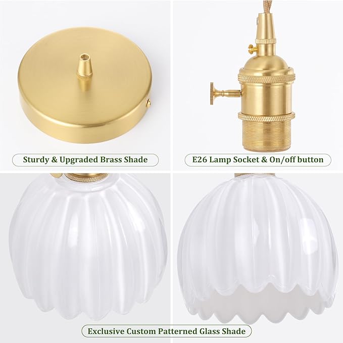 Shenmoyl Pendant Light with White Tulip Glass Lmapshade, Brass Vintage Pendant Light Adjustable Hanging Light for Kitchen Island Dining Room Hallway
