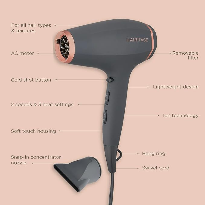 Hairitage Ionic Hair Blow Dryer & Diffuser + Concentrator Attachments, for All Hair Types, 1875 Watts, 3 Heat Settings & Cool Shot Locks-in Style, Best Lightweight Diffuser for Smooth Blowouts