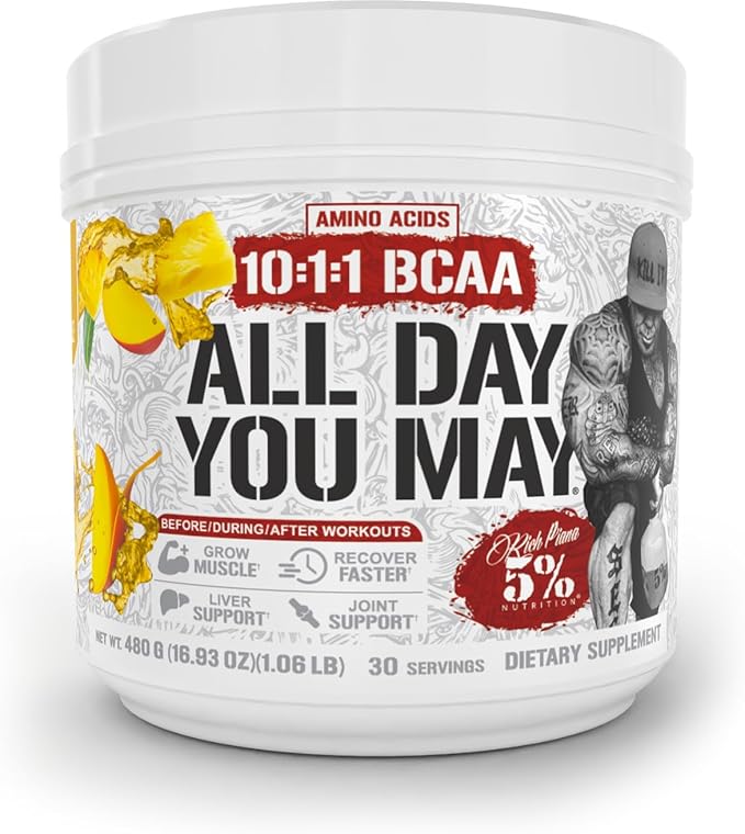 5% Nutrition Rich Piana AllDayYouMay BCAA Powder | Premium Intra & Post Workout Amino Acids, Hydration, Endurance, Muscle Recovery, Joint & Liver Support | 16.93 oz, 30 Servings (Mango Pineapple)