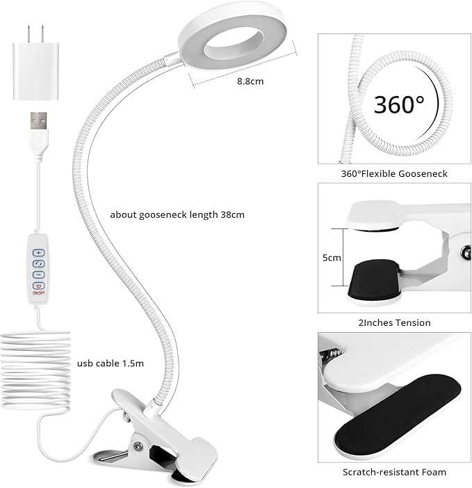 Woputne Desk Clip on Lamp for Reading Home Office, with 5V 2A Adapter, 10 Dimmable Brightness 3 Modes, Clamp Reading Light for Bed Headboard, Craft (White)…