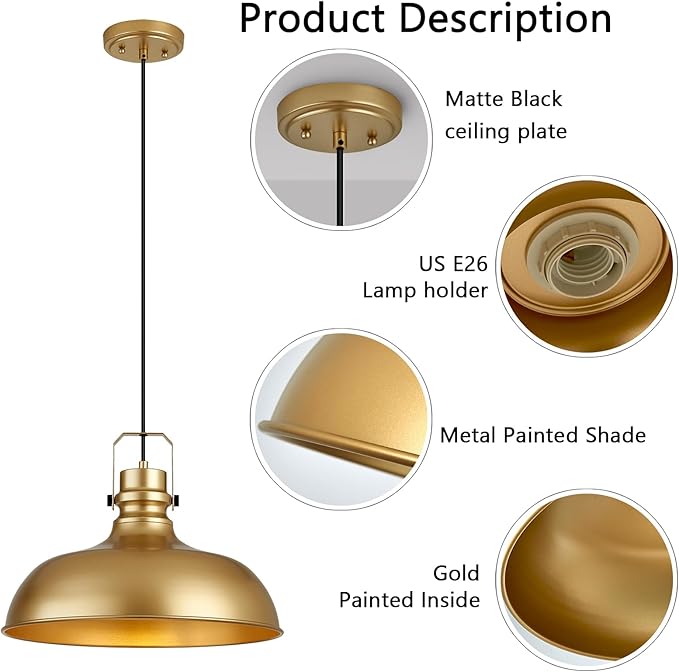 Gold Farmhouse Pendant Lights 16 Inch Matte Pendant Lighting for Kitchen Island Industrial Adjustable Height Vintage Dome Hanging Light Fixtures for Barn, Dining Room 2 Packs