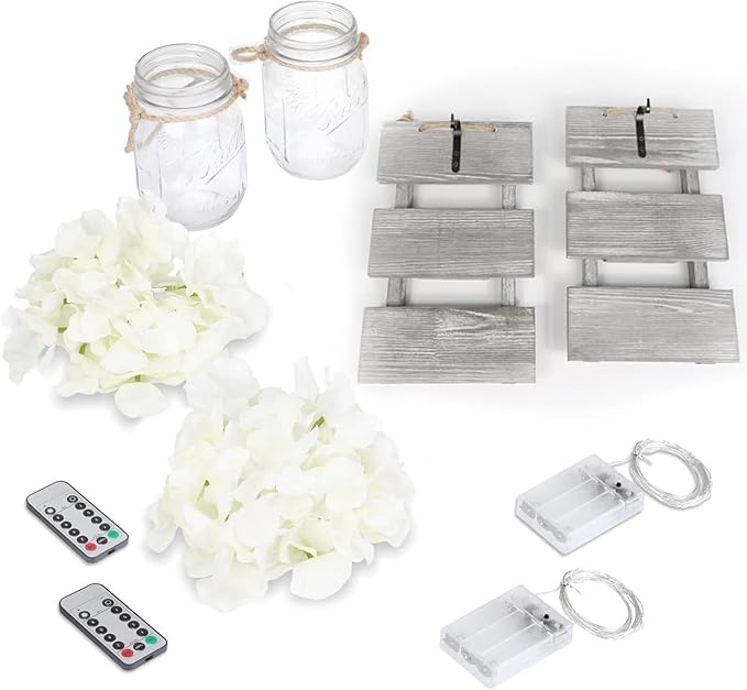 Anount Mason Jar Sconces,Besuerte Rustic Wall Decor Set of Two,LED String Lights for Modern Living Room, Home Decor Living Room Wall Art, 6 Hour Timer Set of 2 Grey (11.8" H x 7.1" W)