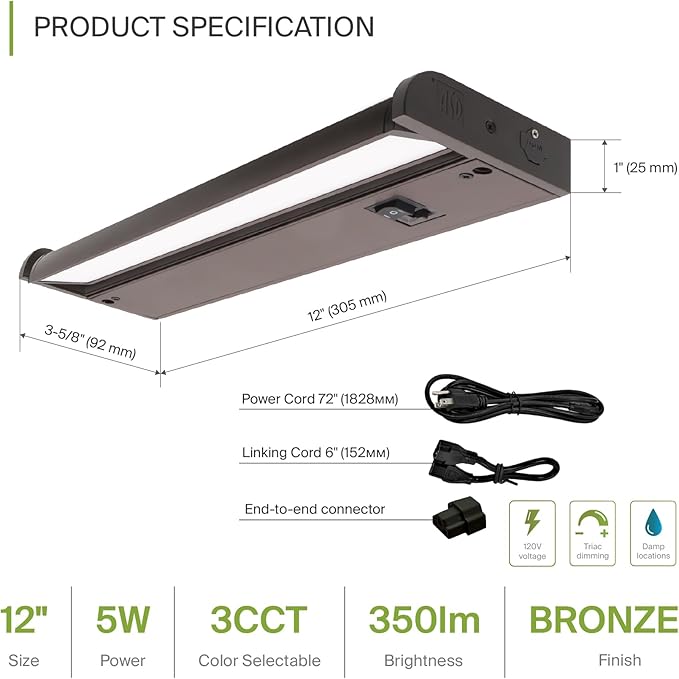 ASD Swivel LED Under Cabinet Lighting Plug in or Hardwired 12 Inch, Dimmable Under Cabinet Lights with High/Low/Off Switch, 3CCT 2700K-4000K, Linkable Under Counter Lights for Kitchen, Bronze, ETL