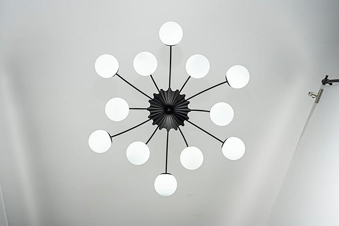 12-Light Milk Glass Pendant Light, 40" Sputnik Bubble Glass Chandelier Light Fixture, Hand Blown Semi Flush Mount Ceiling Chandeliers Lighting for Dining Room, Living Room (Black, 12-Light Chandelier)