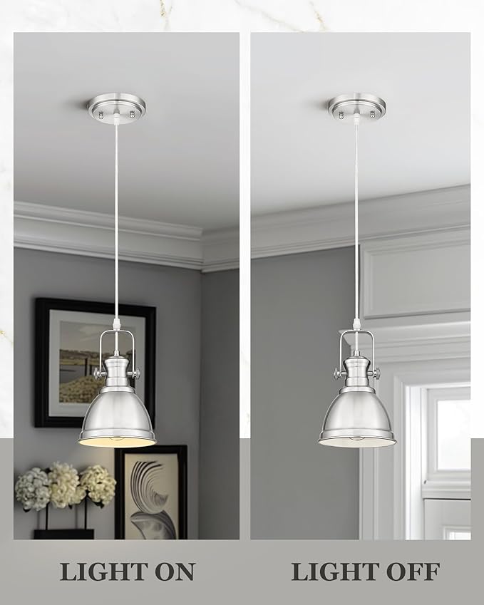 Pendant Lights Kitchen Island, Farmhouse Hanging Lights Fixtures with Metal Shade, Rustic Kitchen Pendant Lighting Over Island for Dining Room, Brushed Nickel, AD-2151-1P-SN