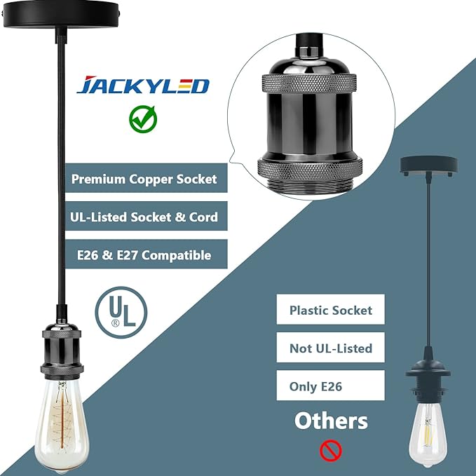 JACKYLED 2 Pack Mini Pendant Light Kit UL Vintage Socket E26 E27 Lampholder Black Woven Fabric Pendant Light Cord Adjustable Canopy Kit