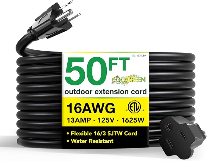 Power By GoGreen Go Green Power Inc. 16/3 50ft Black Outdoor Extension Cord - Durable, Heavy Duty, Moisture Resistant - Ideal for Tools & Equipment - GG-13750BK
