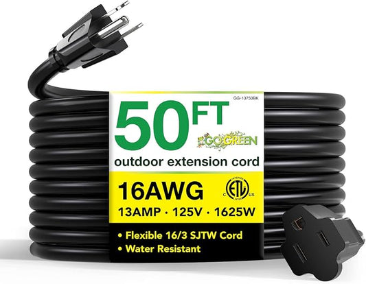 Power By GoGreen Go Green Power Inc. 16/3 50ft Black Outdoor Extension Cord - Durable, Heavy Duty, Moisture Resistant - Ideal for Tools & Equipment - GG-13750BK