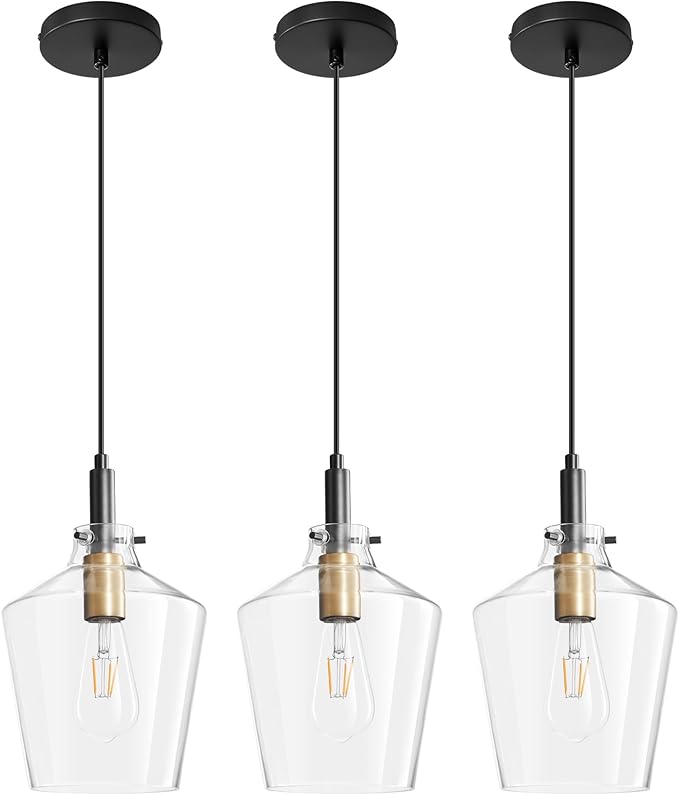 Modern Glass Pendant Light for Kitchen Island 3 Pack, Farmhouse Black and Gold Pendant Light Fixtures, Adjustable Hanging Ceiling Light, Angled Clear Glass Shades 8 Inch