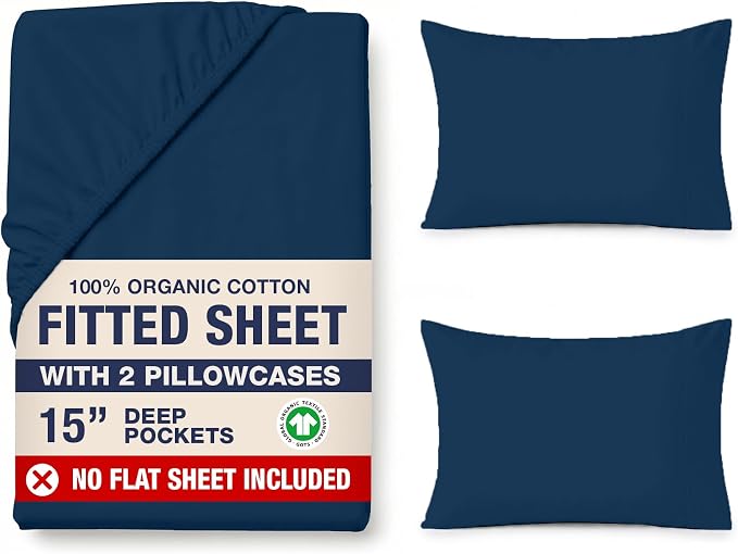 LANE LINEN Fitted Sheet King Size, 100% Organic Cotton, 3-Piece Set (1 Fitted Sheet,2 Pillowcases), Percale Weave, Ultra Soft, Breathable,Fits Mattress Upto 15" Deep - Navy (No Flat Sheet)