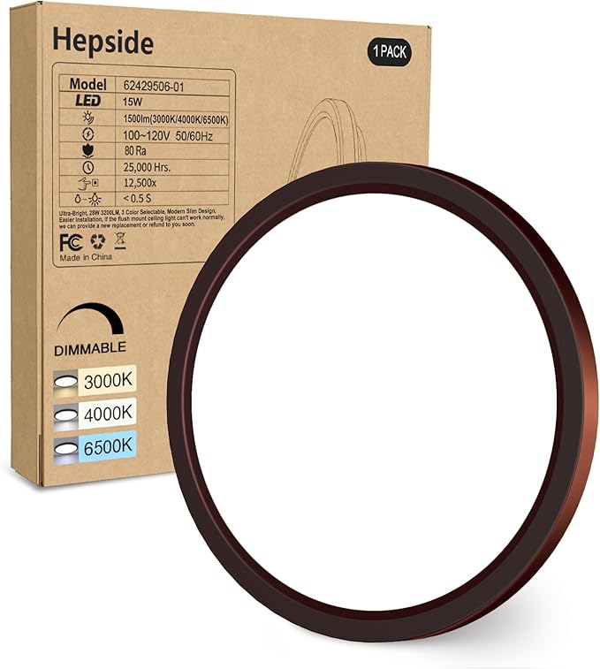 hepside 1Pack Dimmable Flush Mount Ceiling Light Fixture Oil Rubbed Bronze, 3000/4000/6500K Ceiling Lamp, 7.5INCH 15W 1500LM Low Profile Light for Bedroom, Kitchen, Bathroom, Hallway