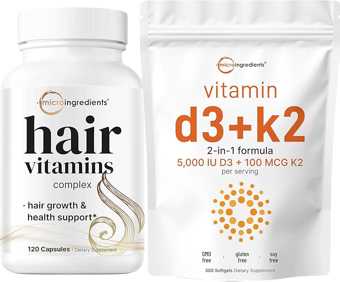 Micro Ingredients Vitamin D3 5,000iu + K2 100mcg Softgels & Hair Vitamins Complex Capsules Bundle 2 Pack | Essential Sunshine Vitamins | 14-in-1 Advanced Hair Growth Support