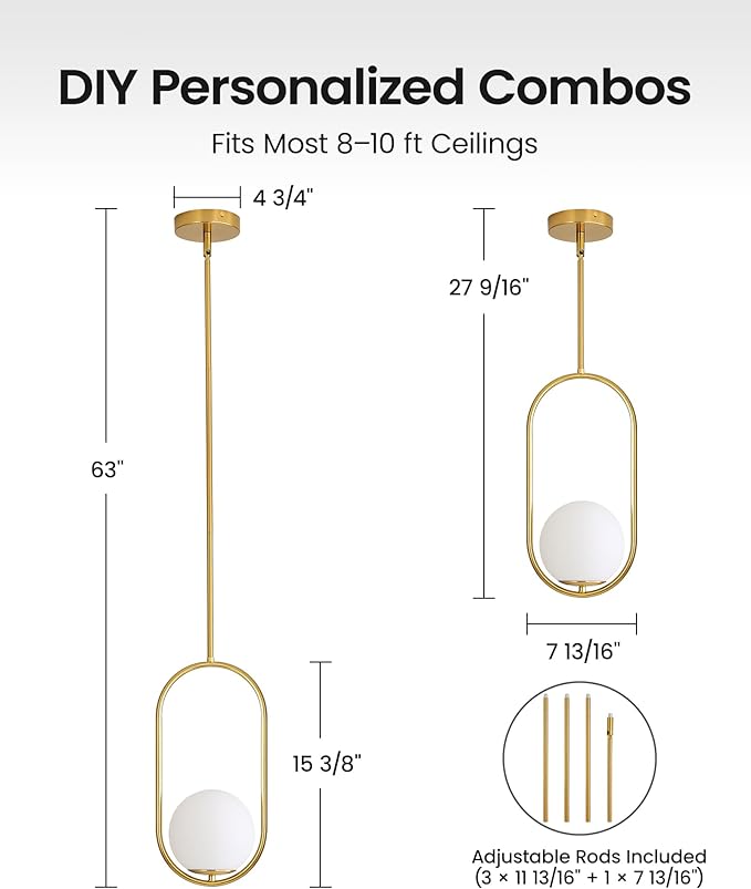 Yunnix Pendant Lights Kitchen Island, Pendant Light Fixtures, Modern Gold Globe Glass Pendant Lighting, Brass Mid Century Chandelier One Light for Bathroom Bedroom Dining Room(Bulb Not Included)