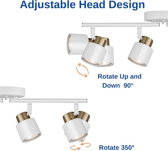 4 Light Track Lighting Kit, Matte White Brass Finish Adjustable with Modern Flush Mount Ceiling Spotlight for Kitchen,Dining,Living Room,Home Improvement