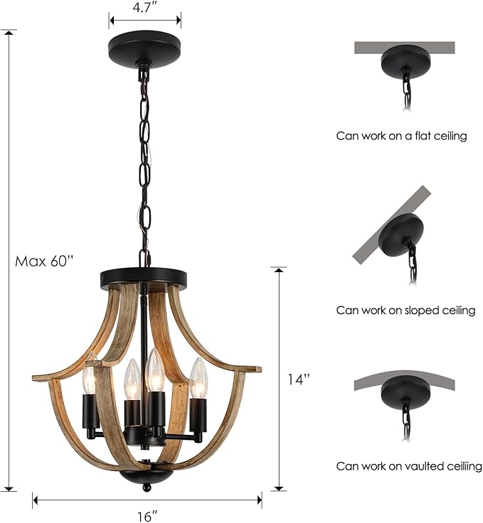 LAMPKEDUO Farmhouse Hanging Pendant Lighting, 4-Light Rustic Flush Mount Ceiling Light Fixture,Modern Faux Wood Vintage Chandelier for Dining Room Kitchen Island Foyer Hallway Entryway Bedroom