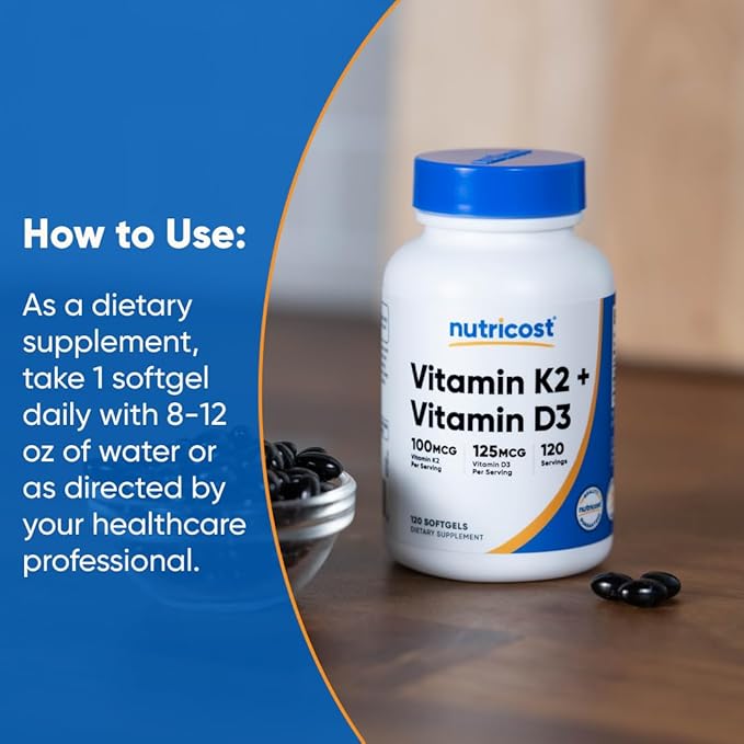 Nutricost Vitamine K2 (MK7) (100mcg) + Vitamine D3 (5000 UI) 120 Gélules Molles - Sans Gluten et Sans OGM