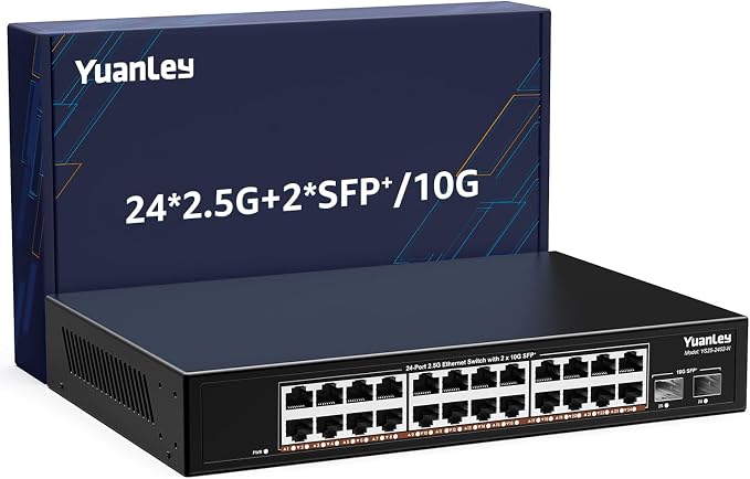 24 Port 2.5G Umanaged Ethernet Switch, 24 x 2.5Gb Base-T Ports, 2 x 10G SFP+, Compatible with 100/1000/2500Mbps, Metal Fanless, Desktop/Rack Mount YuanLey 2.5Gbe Network Switch for AP, NAS, PC