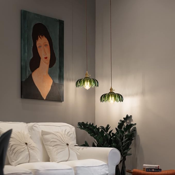 XZHGCEE Hanging Lamp Plug in Pendant Light: Green Hanging Light Plug in Hanging Lamp, Glass Pendant Lighting for Kitchen Island, Bedroom, Dining Room, Living Room, E26 No Bulb