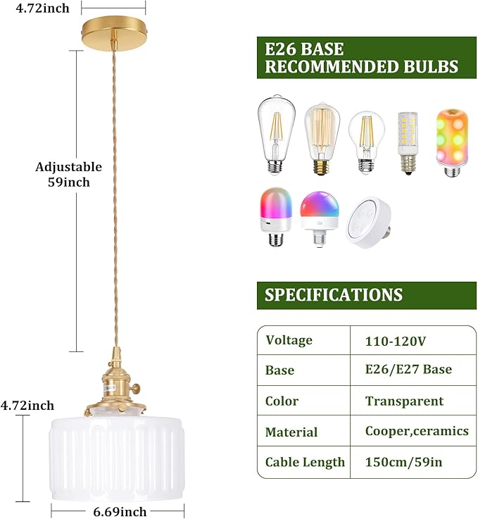 Shenmoyl Pendant Light with White Striped Glass Lmapshade, Brass Vintage Pendant Light Adjustable Hanging Light for Kitchen Island Dining Room Hallway
