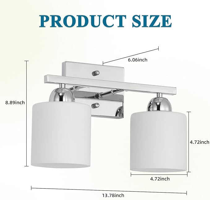 Mecgirn Stainless Steel Milk Glass Vanity Lights for Bathroom, 2 Light Chrome Bathroom Light Fixtures Over Mirror, Ceramic E26 Sockets Wall Mounted