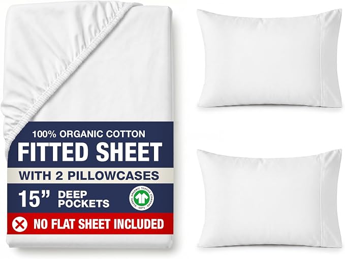 LANE LINEN Fitted Sheet Full Size, 100% Organic Cotton, 3-Piece Set (1 Fitted Sheet, 2 Pillowcases) Percale Weave, Bed Fitted Sheets, Breathable, Fits Mattress Upto 15" Deep - White (No Flat Sheet)