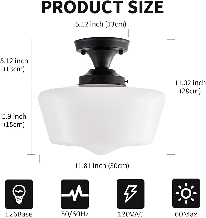youngrender Semi Flush Mount Ceiling Light, Black Schoolhouse Milk Glass Light Fixture, Vintage Farmhouse Ceiling Light for Kitchen Hallway Entryway Bedroom Dining Room, E26
