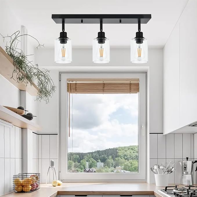 3 Light Metal Bathroom Lighting in Black Finish Interior Wall Mounted Lights Multi-Directional Rotating Metal Ceiling Mount Fixture with Clear Glass Industrial Spotlight for Kitchen Foyer