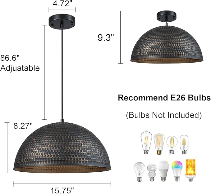 Lingkai 15.7 in. Black and Gold Hammered Pendant Light Fixtures, Industrial Metal Dome Shade, Pendant Lights Kitchen Island, Pendant Light for Kitchen Island and Dining Room