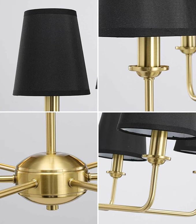 6-Light Brushed Gold Chandelier with Black Fabric Shades, Modern Brushed Brass Chandelier Light Fixture, E12 Base Hanging Pendant Light for Dining Room Living Room Bedroom Kitchen Island Foyer