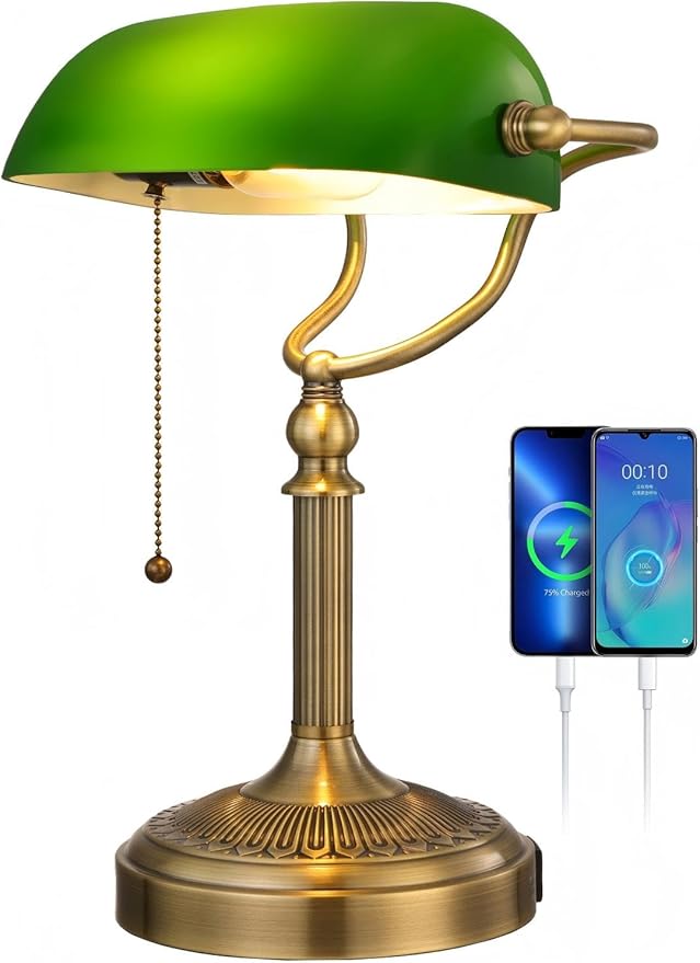 Green Glass Bankers Desk Lamp with Pull Chain Switch Plug in Fixture,USB Fast Charging Port